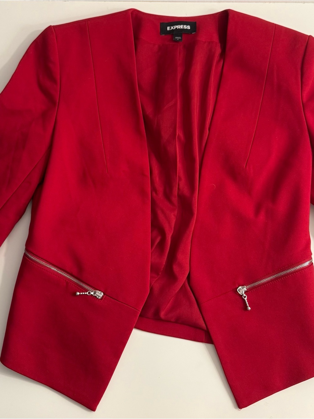 Express Red Open-Front Blazer with Silver Zippers